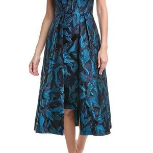 Aidan Mattox Teal and Black Leaf Midi Dress